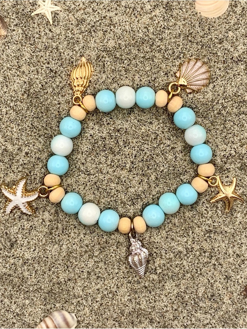 Sea Charm Beaded Bracelet - Turquoise & Cream - Picture 1 of 2